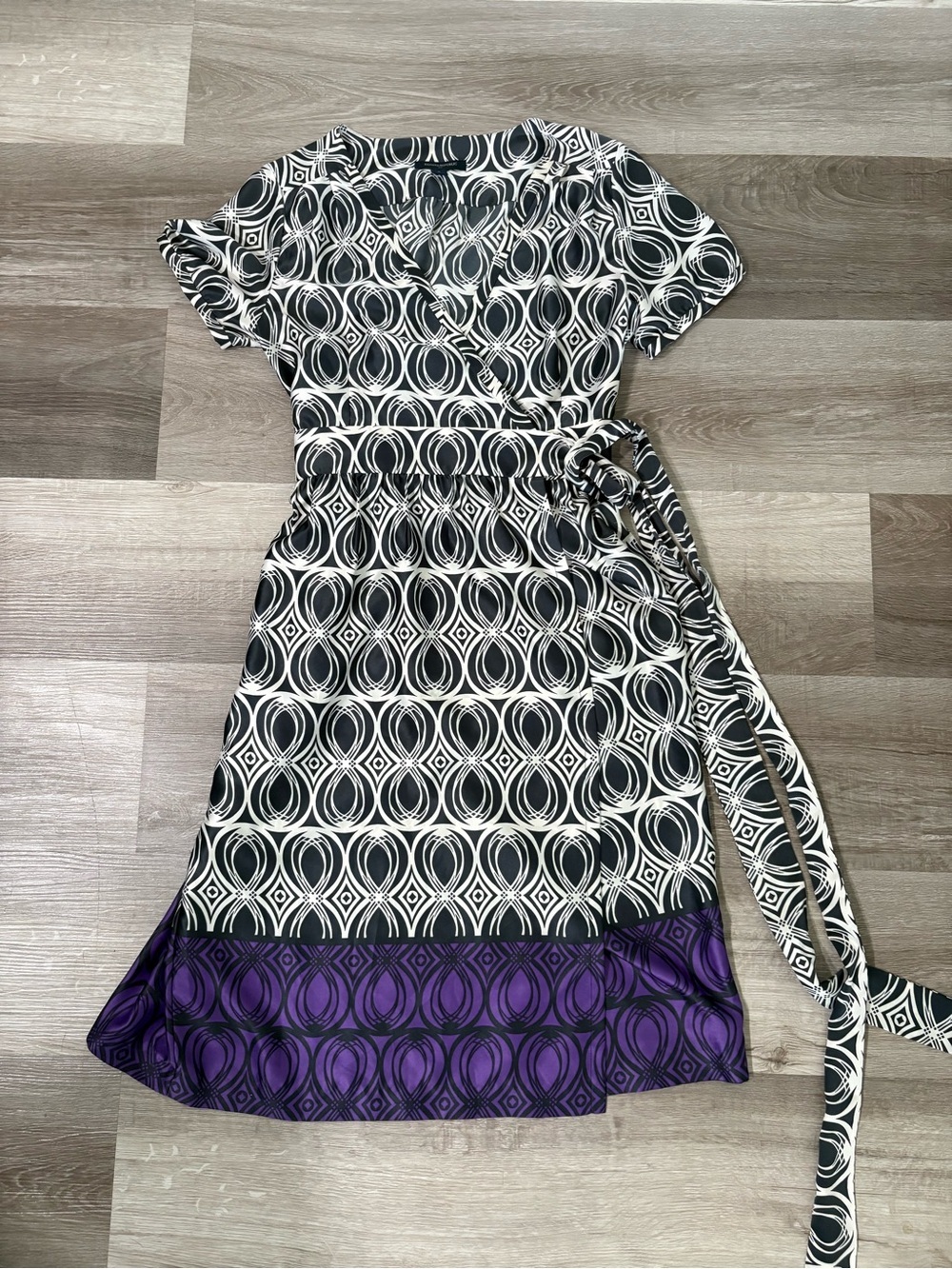 Banana Republic Black & White Geometric Wrap Dress with Purple Hem
